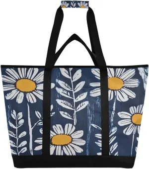 Daisy Flowers Reusable Insulated Lunchbox Cooler Bag, Leakproof Kitchen Grocery Bag Collapsible Portable Cooler Tote Bag for Picnic, Camping, Office, Travel