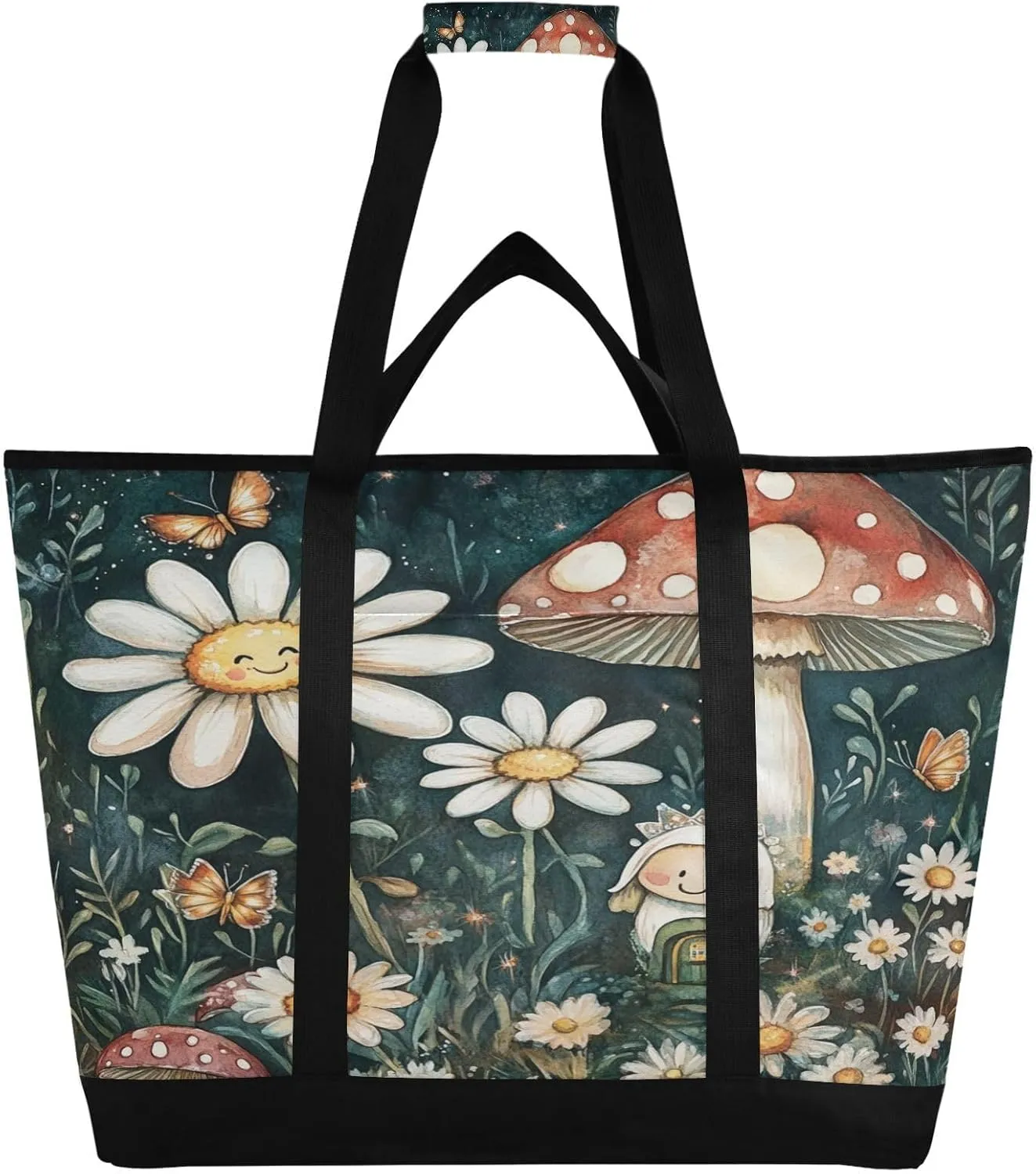 Daisy Mushroom Reusable Insulated Lunchbox Cooler Bag, Leakproof Kitchen Grocery Bag Collapsible Portable Cooler Tote Bag for Picnic, Camping, Office, Travel