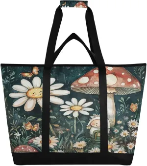 Daisy Mushroom Reusable Insulated Lunchbox Cooler Bag, Leakproof Kitchen Grocery Bag Collapsible Portable Cooler Tote Bag for Picnic, Camping, Office, Travel