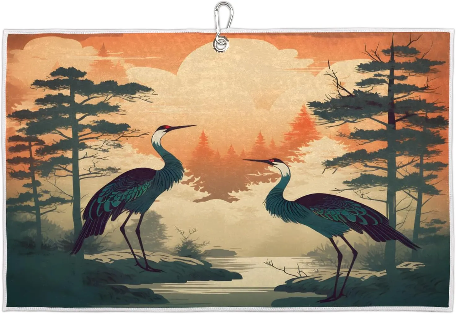 Deep Forest Birds Sunset Golf Towel with Heavy Duty Carabiner Ultra Absorbent Quick Dry Perfect for Cleaning Clubs Balls Gear Essential Golf Accessory for Men Women Kids