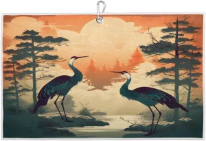 Deep Forest Birds Sunset Golf Towel with Heavy Duty Carabiner Ultra Absorbent Quick Dry Perfect for Cleaning Clubs Balls Gear Essential Golf Accessory for Men Women Kids
