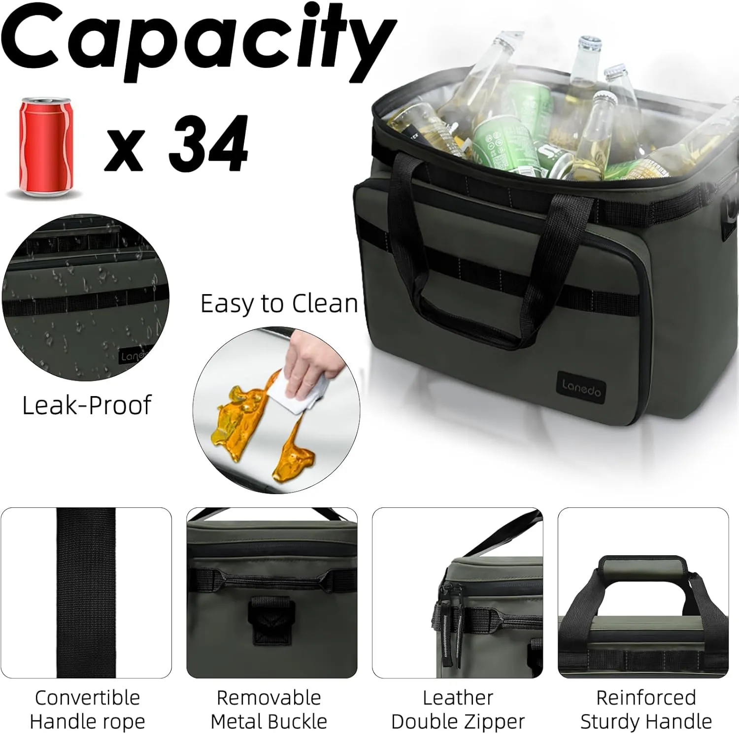 Deep Freeze Cooler Soft Sided Cooler Bag, 34 Can Collapsible Insulated Ice Chest, Large Leakproof Camping & Travel Cooler for Kayaking & Beach