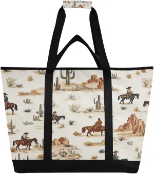 Desert Horseback Riding Large Insulated Tote Bag,Foldable Reusable Grocery Bag Cooler Bag with Cooler Compartment for Grocery, Picnic, Beach, Hiking, Camping, and Outdoor Activities