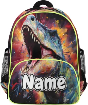 Dinosaurs Colored Custom Backpack with Name Cute Personalized Small Shoulder Bag Waterproof Travel Casual Backpack with Chest Strap 14.2in