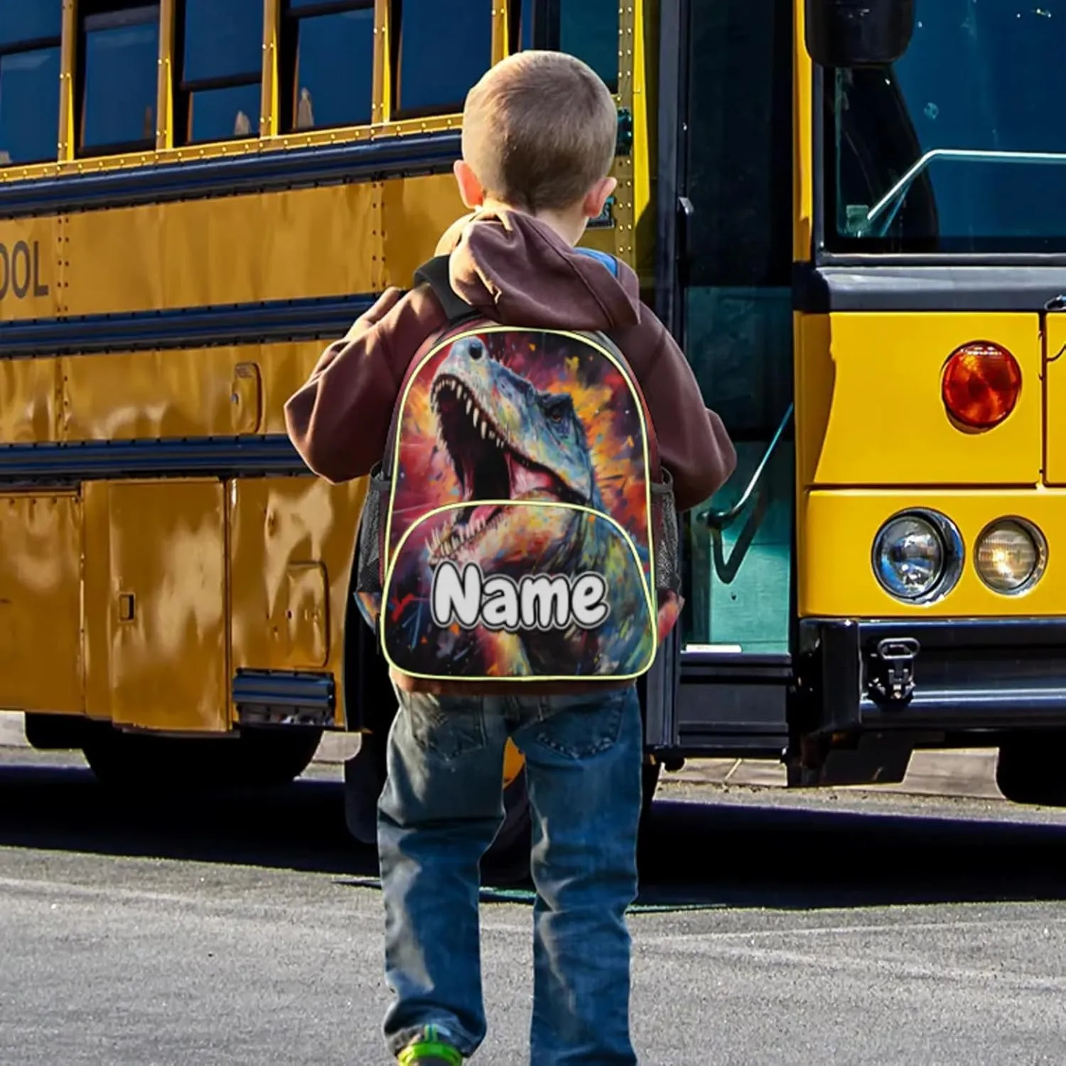 Dinosaurs Colored Custom Backpack with Name Cute Personalized Small Shoulder Bag Waterproof Travel Casual Backpack with Chest Strap 14.2in