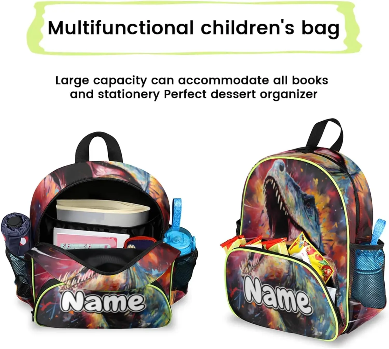 Dinosaurs Colored Custom Backpack with Name Cute Personalized Small Shoulder Bag Waterproof Travel Casual Backpack with Chest Strap 14.2in