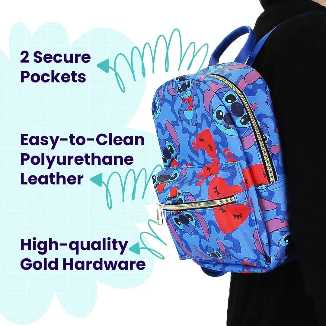 Disney Stitch with Hearts Mini PU Leather Backpack Purse with Adjustable Straps 10 In (Blue, One Size)