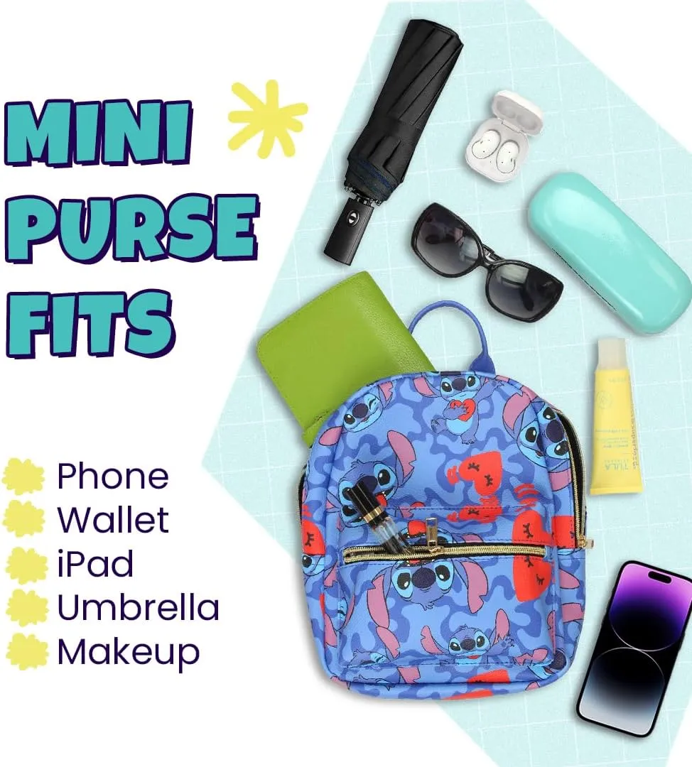 Disney Stitch with Hearts Mini PU Leather Backpack Purse with Adjustable Straps 10 In (Blue, One Size)