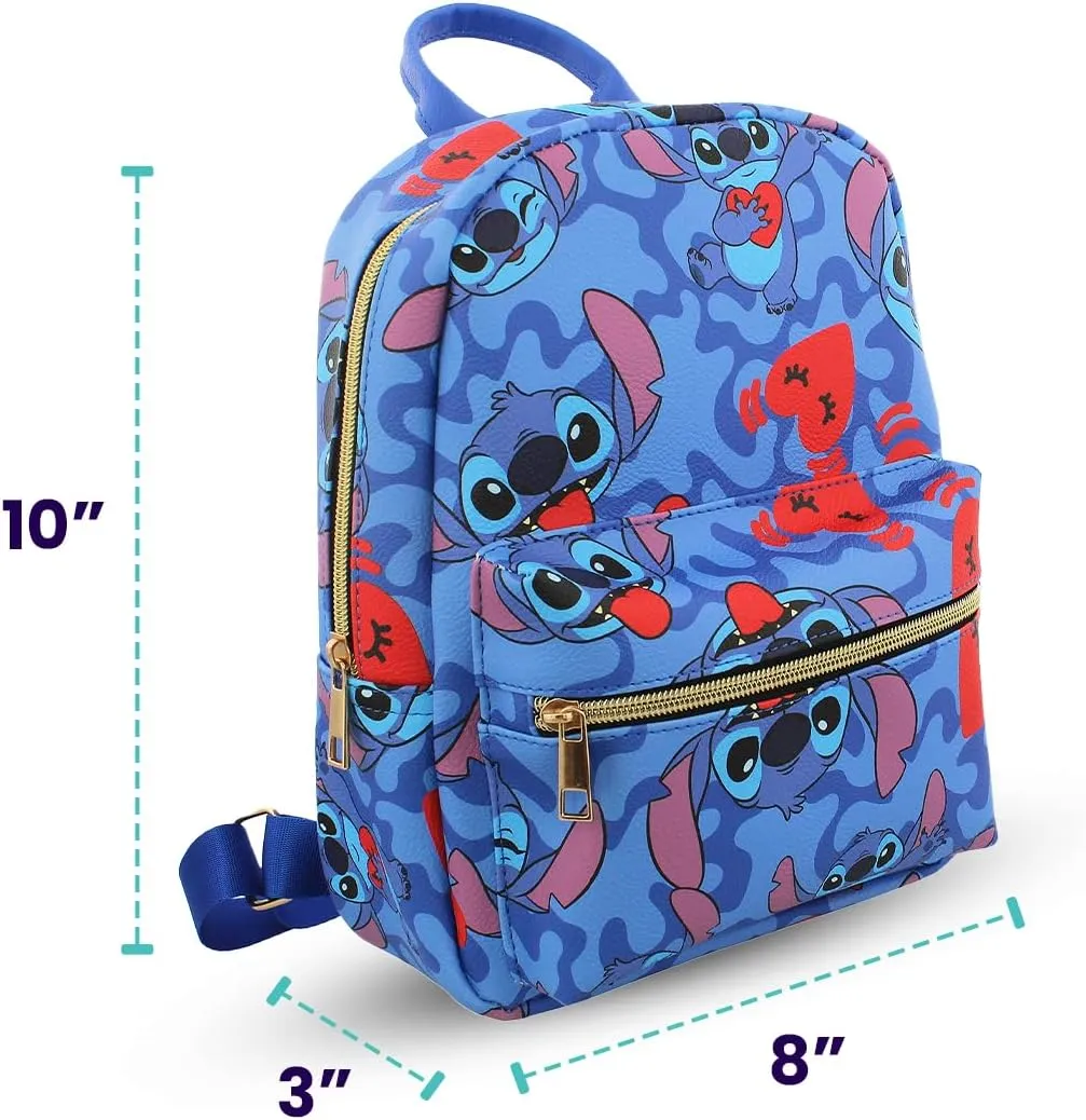 Disney Stitch with Hearts Mini PU Leather Backpack Purse with Adjustable Straps 10 In (Blue, One Size)