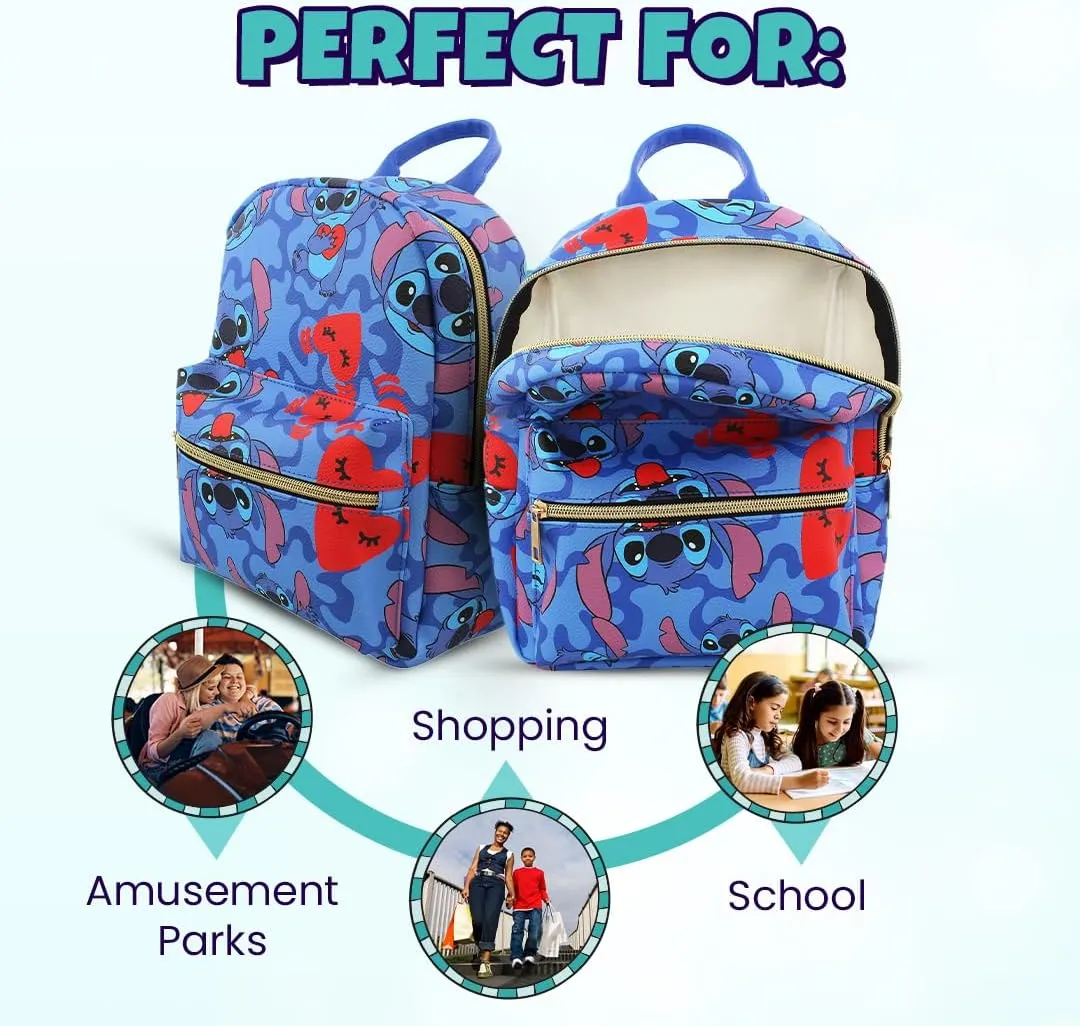 Disney Stitch with Hearts Mini PU Leather Backpack Purse with Adjustable Straps 10 In (Blue, One Size)