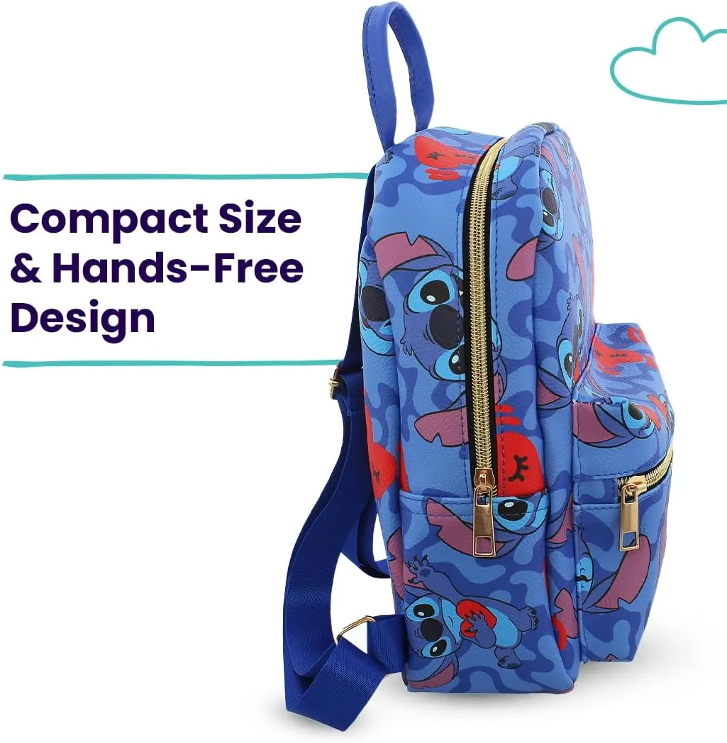 Disney Stitch with Hearts Mini PU Leather Backpack Purse with Adjustable Straps 10 In (Blue, One Size)