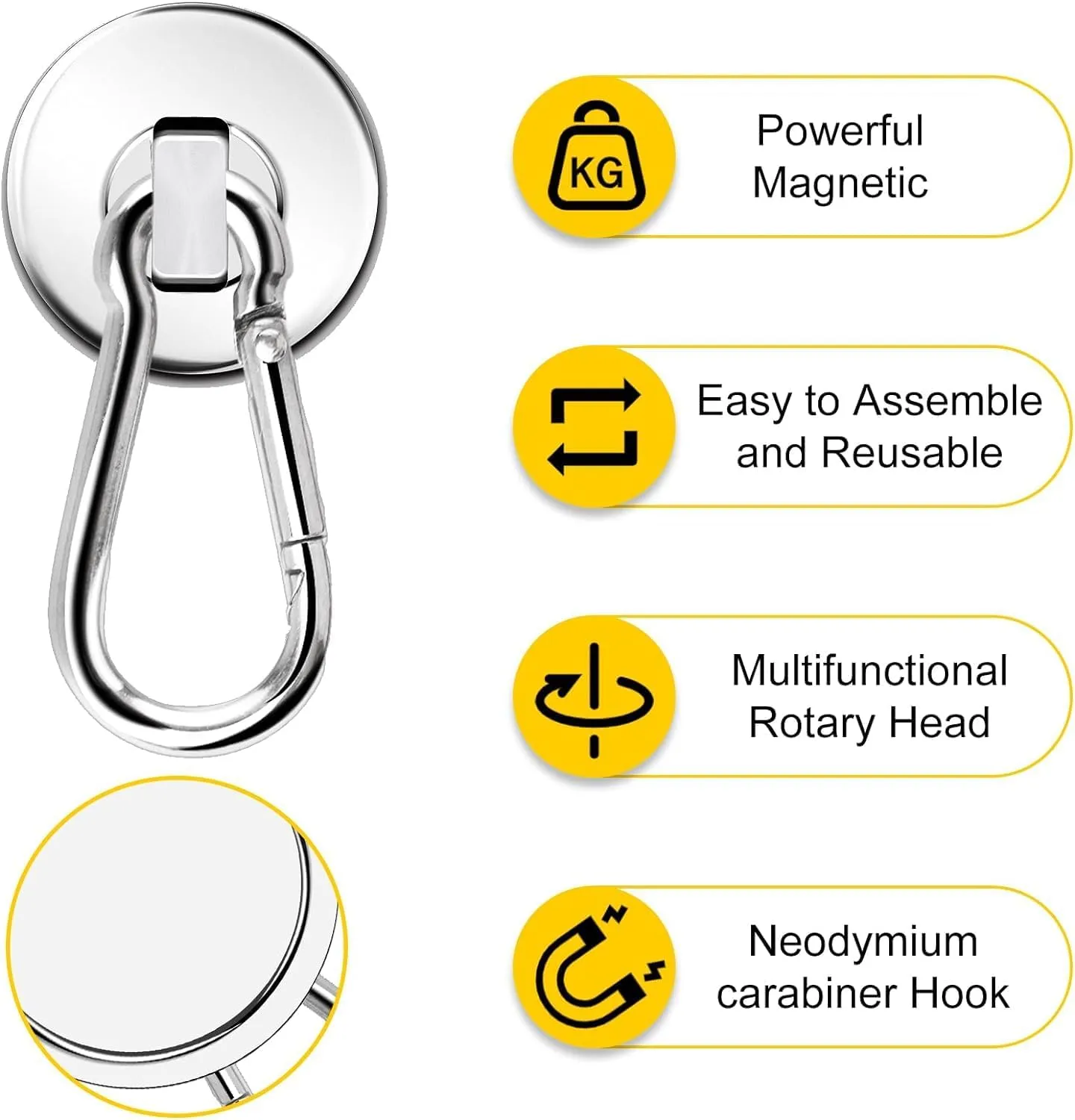 DIYMAG Magnetic Hooks, 70LBS Heavy Duty Neodymium Magnetic Hooks with Swivel Carabiner Hook,Great for Your Refrigerator and Other Magnetic Surfaces, Pack of 15