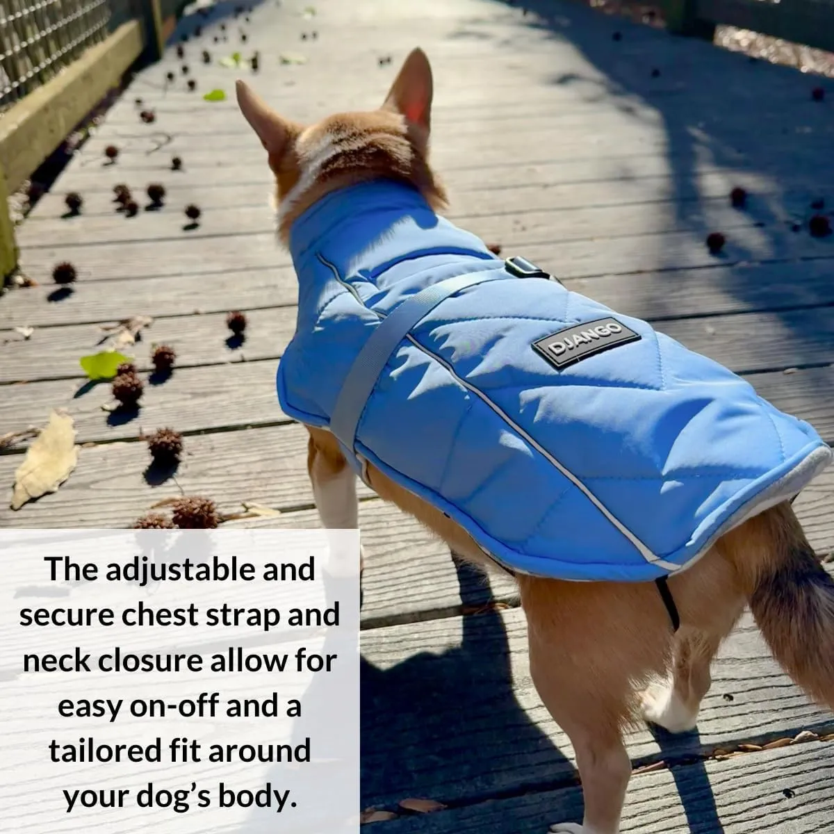 DJANGO Whistler Dusk Blue Winter Dog Coat - Premium Warm & Insulated Medium Dog Coat - Windproof & Waterproof Adjustable, Reflective Dog Winter Jacket with Easy-Access Leash Portal - Machine Washable