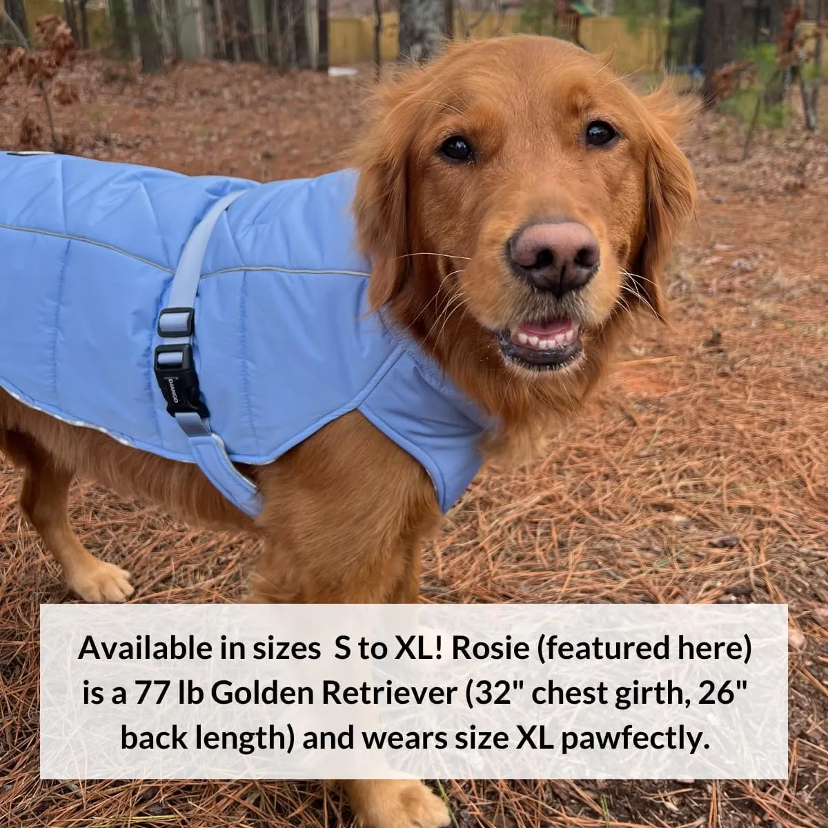 DJANGO Whistler Dusk Blue Winter Dog Coat - Premium Warm & Insulated Medium Dog Coat - Windproof & Waterproof Adjustable, Reflective Dog Winter Jacket with Easy-Access Leash Portal - Machine Washable