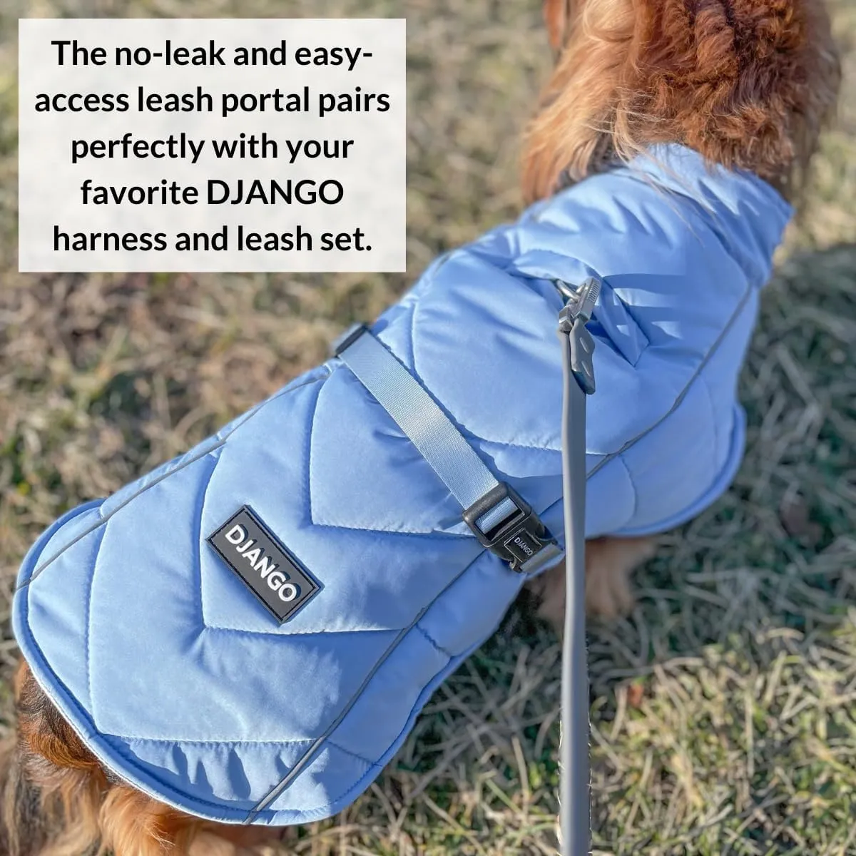 DJANGO Whistler Dusk Blue Winter Dog Coat - Premium Warm & Insulated Medium Dog Coat - Windproof & Waterproof Adjustable, Reflective Dog Winter Jacket with Easy-Access Leash Portal - Machine Washable