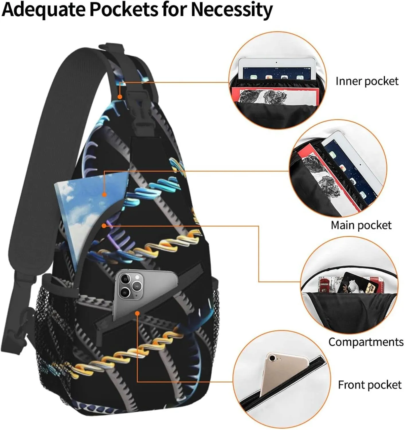 DNA Chain Photoes Print Sling Backpack, Sling Bag, Crossbody Chest Bag Daypack, for Hiking Travel