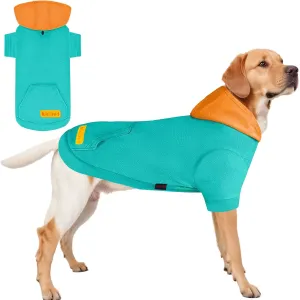 Dog Hoodie, Comfortable Warm Breathable Dog Sports Sweatshirts for Small Medium Large Dogs, Granular Velvet Sweater with Hat and Leash Hole (Green and Orange Color Blocking, M)