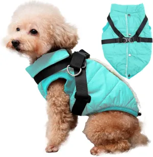 Dog Jacket with Harness,Fleece Lined Warm Puppy Coat for Winter,Soft Windproof Small Dog Vest,Bluegreen XS