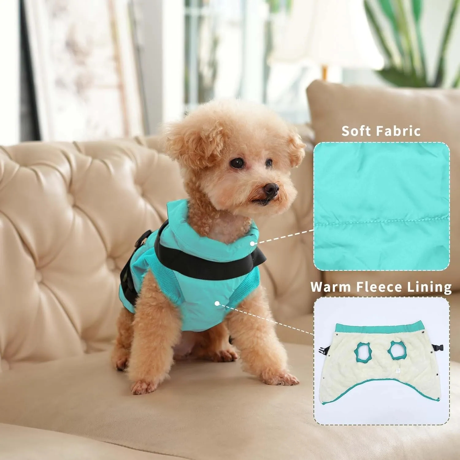 Dog Jacket with Harness,Fleece Lined Warm Puppy Coat for Winter,Soft Windproof Small Dog Vest,Bluegreen XS