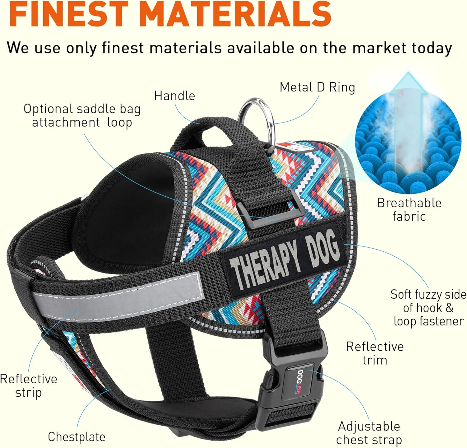 Dogline Unimax Dog Harness Vest with Therapy Dog Patches Reflective No-Pull, Adjustable Straps, Breathable Neoprene for Medical, Service, Identification and Training Dogs Girth 15 to 19" Aztec