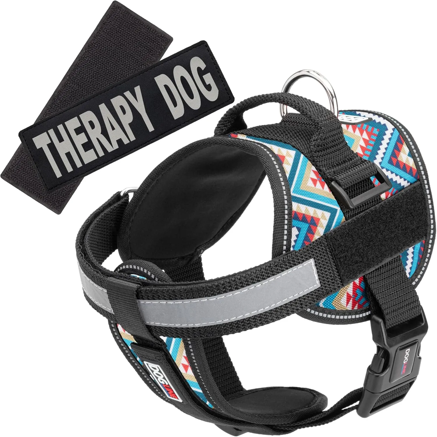 Dogline Unimax Dog Harness Vest with Therapy Dog Patches Reflective No-Pull, Adjustable Straps, Breathable Neoprene for Medical, Service, Identification and Training Dogs Girth 15 to 19" Aztec