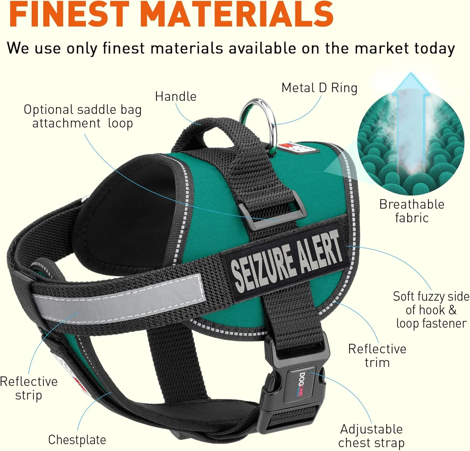 Dogline Unimax Multi-Purpose Dog Harness Vest with Seizure Alert Patches Adjustable Straps, Comfy Fit, Breathable Neoprene for Service, Identification and Training Dogs Teal Extra Girth 15"-19"