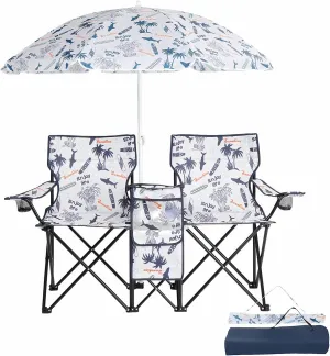 Double Camping Chair with Removable Canopy Umbrella & Cooler Bag – 500lbs Capacity Portable 2-Seat Folding Loveseat for Beach, Picnics, Parks – Coconut Tree Design, Cup Holders & Carry Bag
