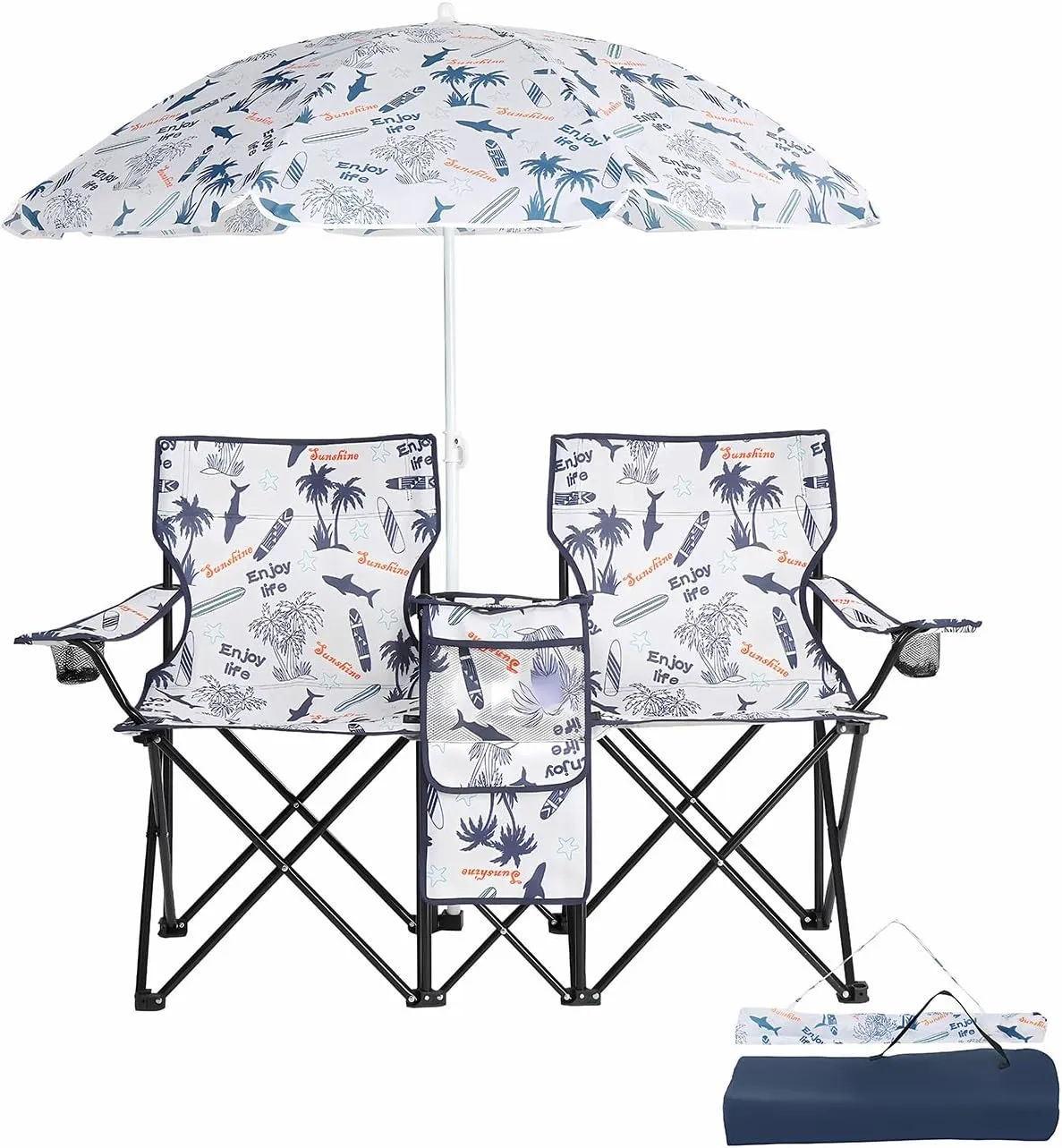 Double Camping Chair with Removable Canopy Umbrella & Cooler Bag – 500lbs Capacity Portable 2-Seat Folding Loveseat for Beach, Picnics, Parks – Coconut Tree Design, Cup Holders & Carry Bag