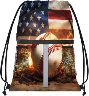 Drawstring Backpack String Bag with Side Pocket Sports Gym Soccer Cinch Sackpack for Women Men Small Beach Workout Storage for Swimming Gear American Flag Baseball Fire Print Backpack