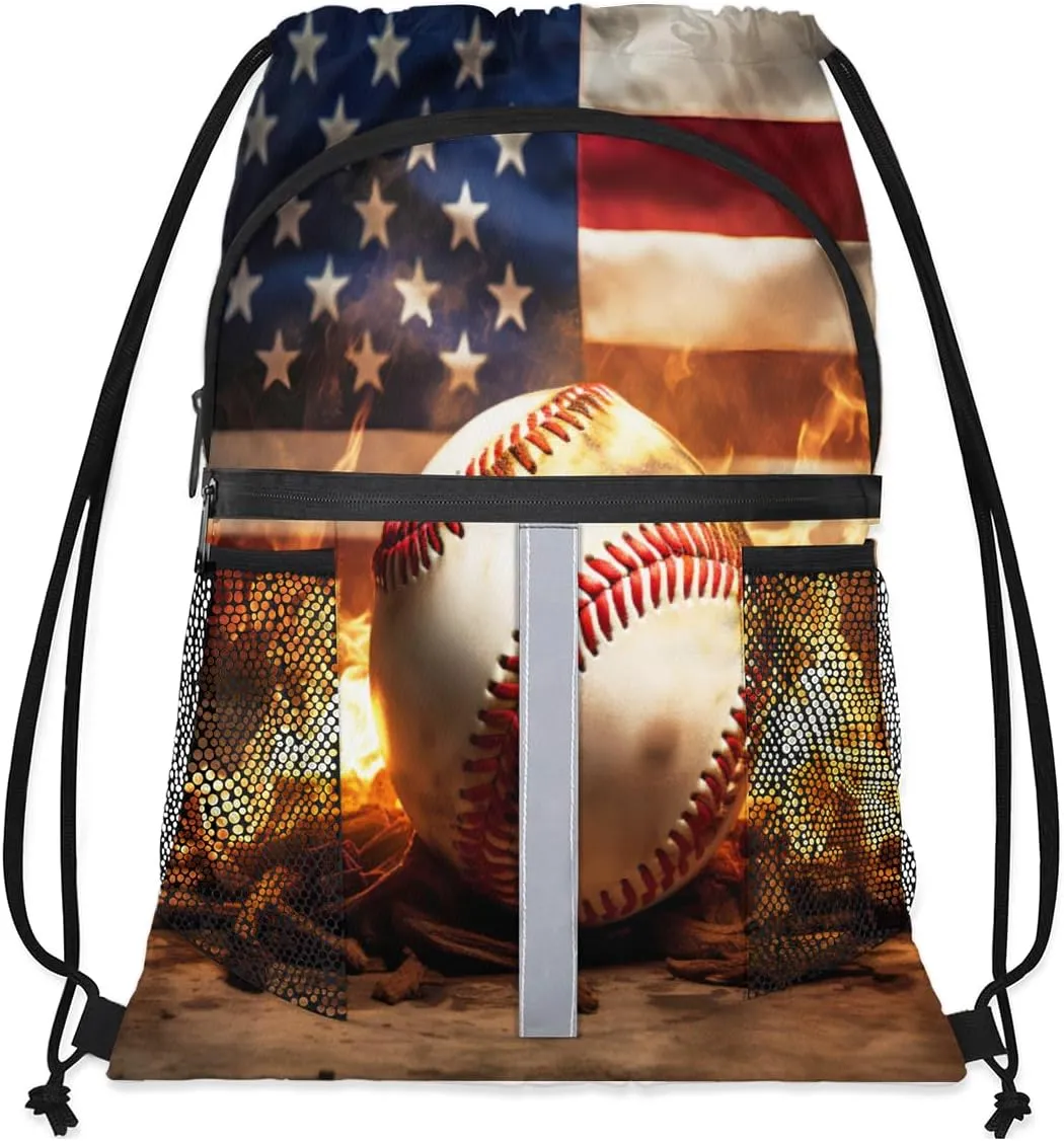 Drawstring Backpack String Bag with Side Pocket Sports Gym Soccer Cinch Sackpack for Women Men Small Beach Workout Storage for Swimming Gear American Flag Baseball Fire Print Backpack