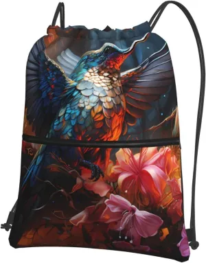 Drawstring Backpack with Zip Pockets, Hummingbird Print Lightweight string Bag Travel Gym Sack, Hiking, Yoga
