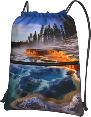Drawstring Zipper Backpack - Lightweight and Durable Bag for Gym, Sports, Travel, and More Yellowstone National Park Prints, Black, One Size