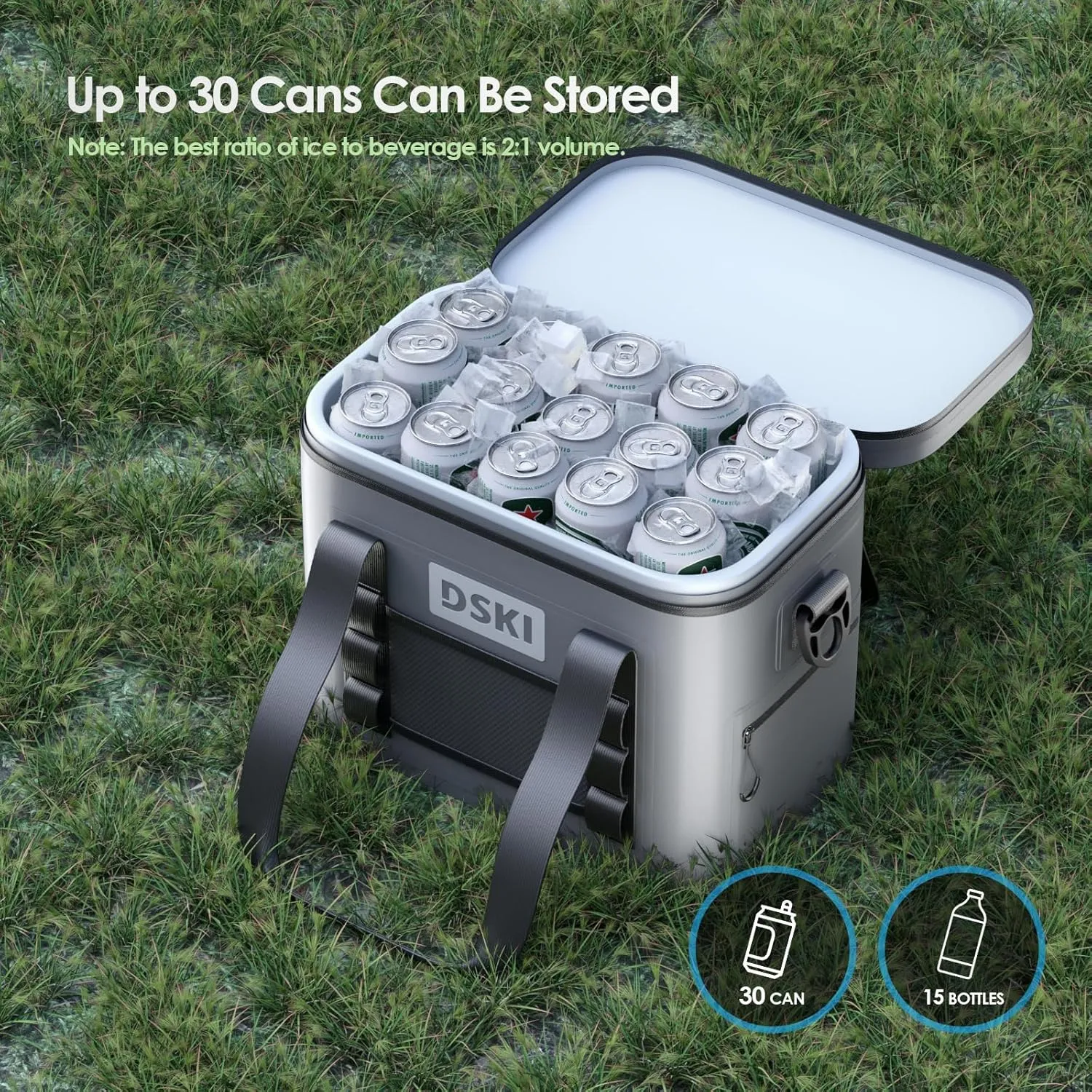 DSKI 34-Can Soft-Sided Cooler - Collapsible, Leak-Proof, Use as a Beach Cooler, Soft Ice Bag, Ice Chest, or Travel Cooler for Food Shopping, Camping, Kayaking, Fishing, and Multi-Person Lunch Bag