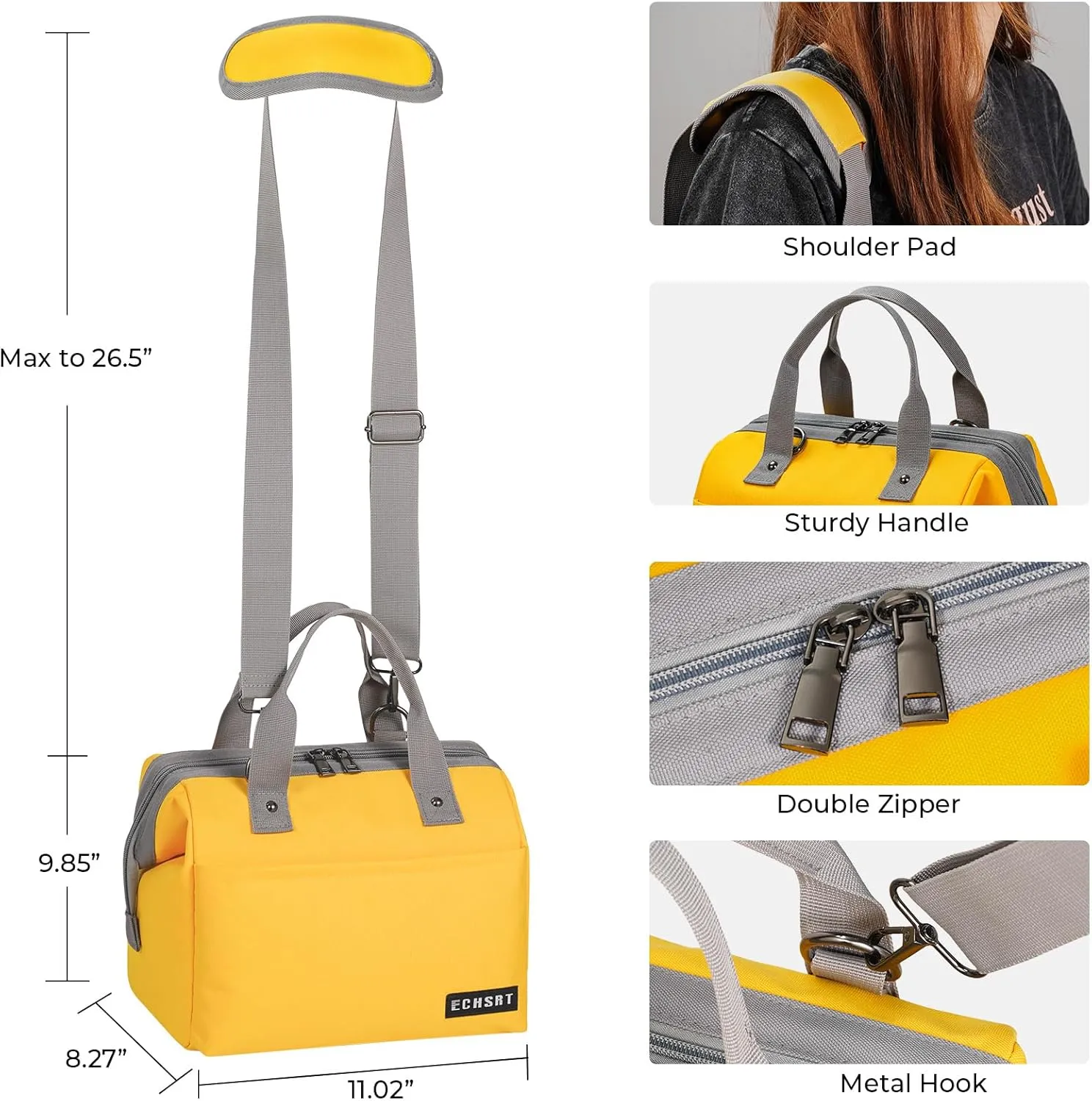 ECHSRT Insulated Lunch Bag Women/Men, 10L Reusable Lunch Tote Bag with Adjustable Shoulder Strap, Leakproof Cooler for Work Office - Wide Open Lunchbox Yellow