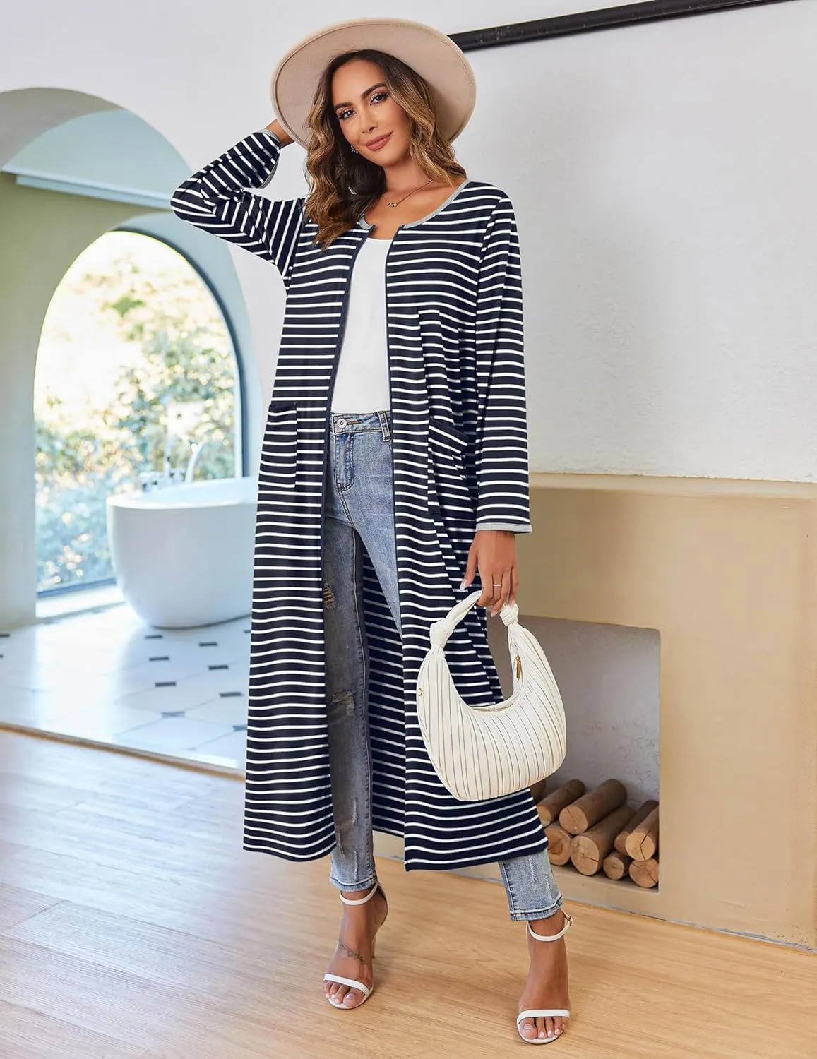Ekouaer Women Long House Coat Zipper Front Robes Full Length Nightgowns with Pockets Striped Loungewear S-4XL