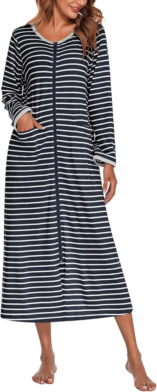 Ekouaer Women Long House Coat Zipper Front Robes Full Length Nightgowns with Pockets Striped Loungewear S-4XL
