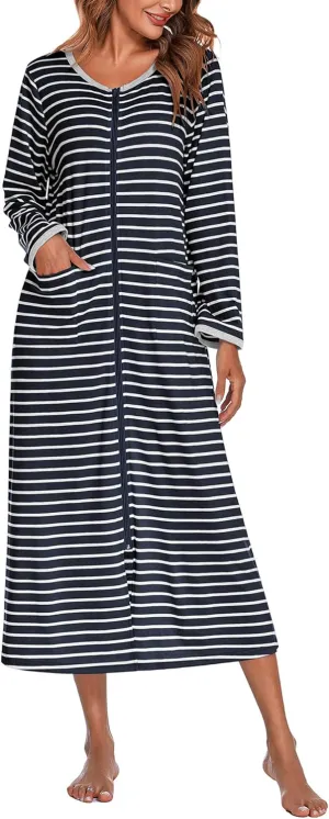Ekouaer Women Long House Coat Zipper Front Robes Full Length Nightgowns with Pockets Striped Loungewear S-4XL