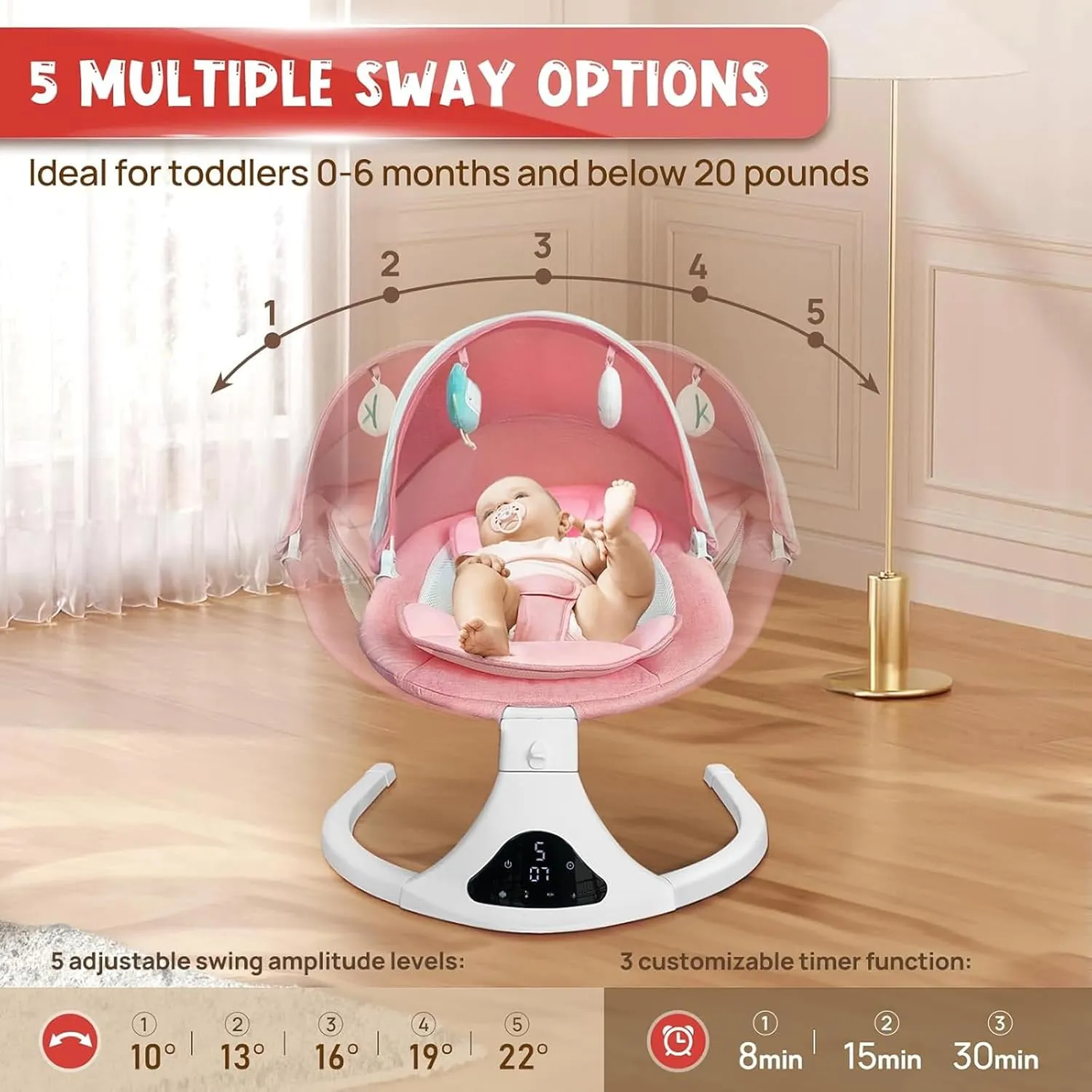 Electric Baby Swing for Infants to Toddler| Portable Infant Swing with Remote Control, Rocker with 5 Speeds, 3-Point Harness for Baby Boy Girl (Pink)