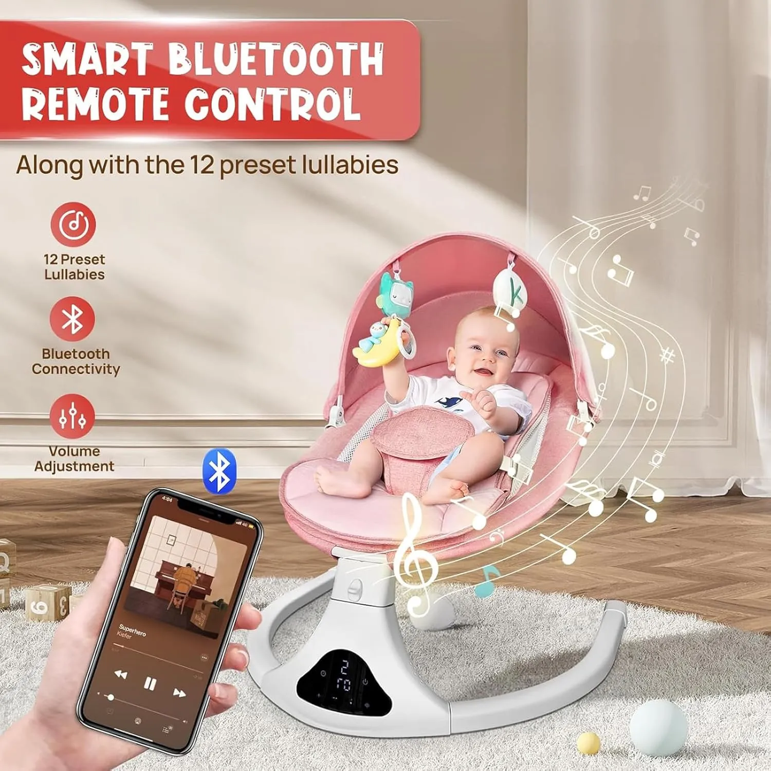Electric Baby Swing for Infants to Toddler| Portable Infant Swing with Remote Control, Rocker with 5 Speeds, 3-Point Harness for Baby Boy Girl (Pink)