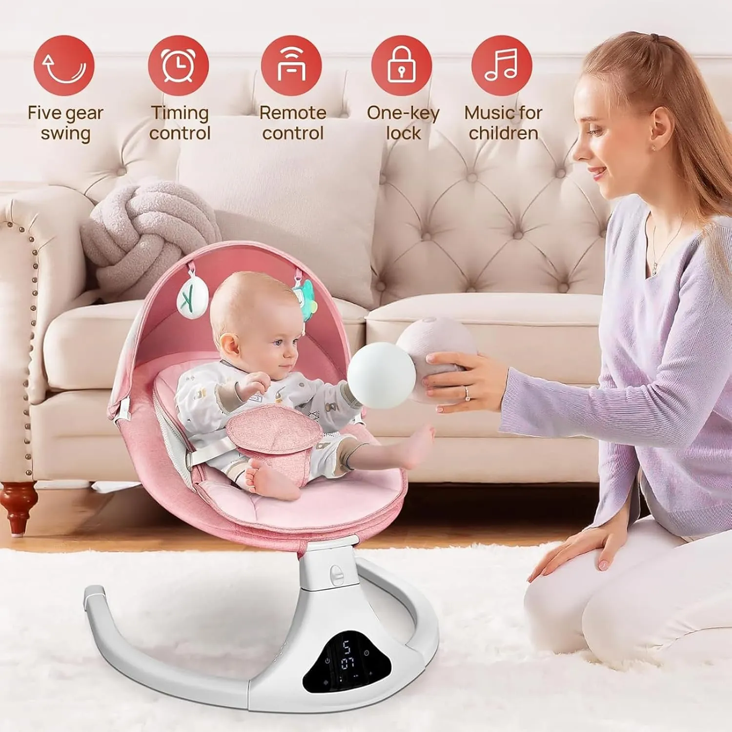 Electric Baby Swing for Infants to Toddler| Portable Infant Swing with Remote Control, Rocker with 5 Speeds, 3-Point Harness for Baby Boy Girl (Pink)
