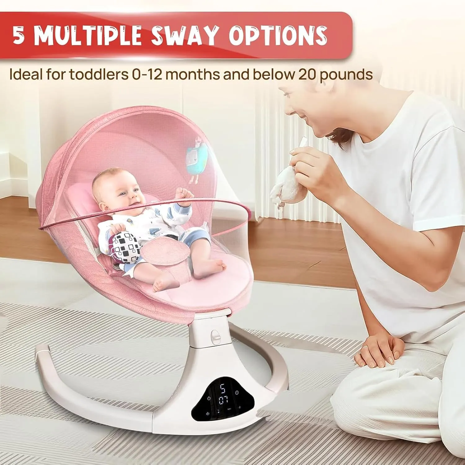 Electric Baby Swing for Infants to Toddler| Portable Infant Swing with Remote Control, Rocker with 5 Speeds, 3-Point Harness for Baby Boy Girl (Pink)