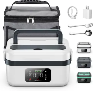 Electric Heated Lunch Box for Adults, EDCERATY Rechargeable 60W Self-Heating Food Warmer with 1L Stainless Steel Container, Fork, Spoon and Insulated Carry Bag for Work Men Car Truck(Grey White)
