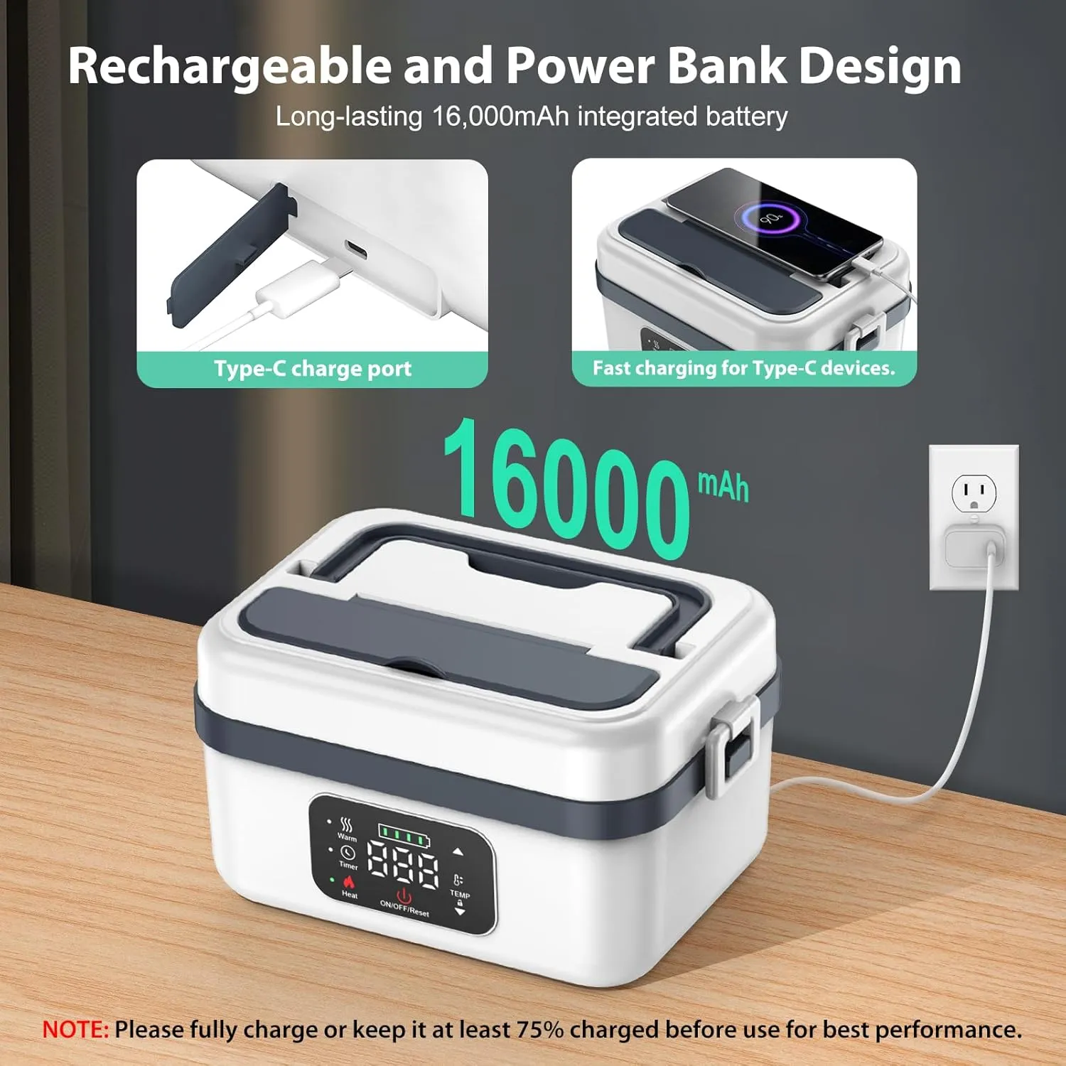 Electric Heated Lunch Box for Adults, EDCERATY Rechargeable 60W Self-Heating Food Warmer with 1L Stainless Steel Container, Fork, Spoon and Insulated Carry Bag for Work Men Car Truck(Grey White)