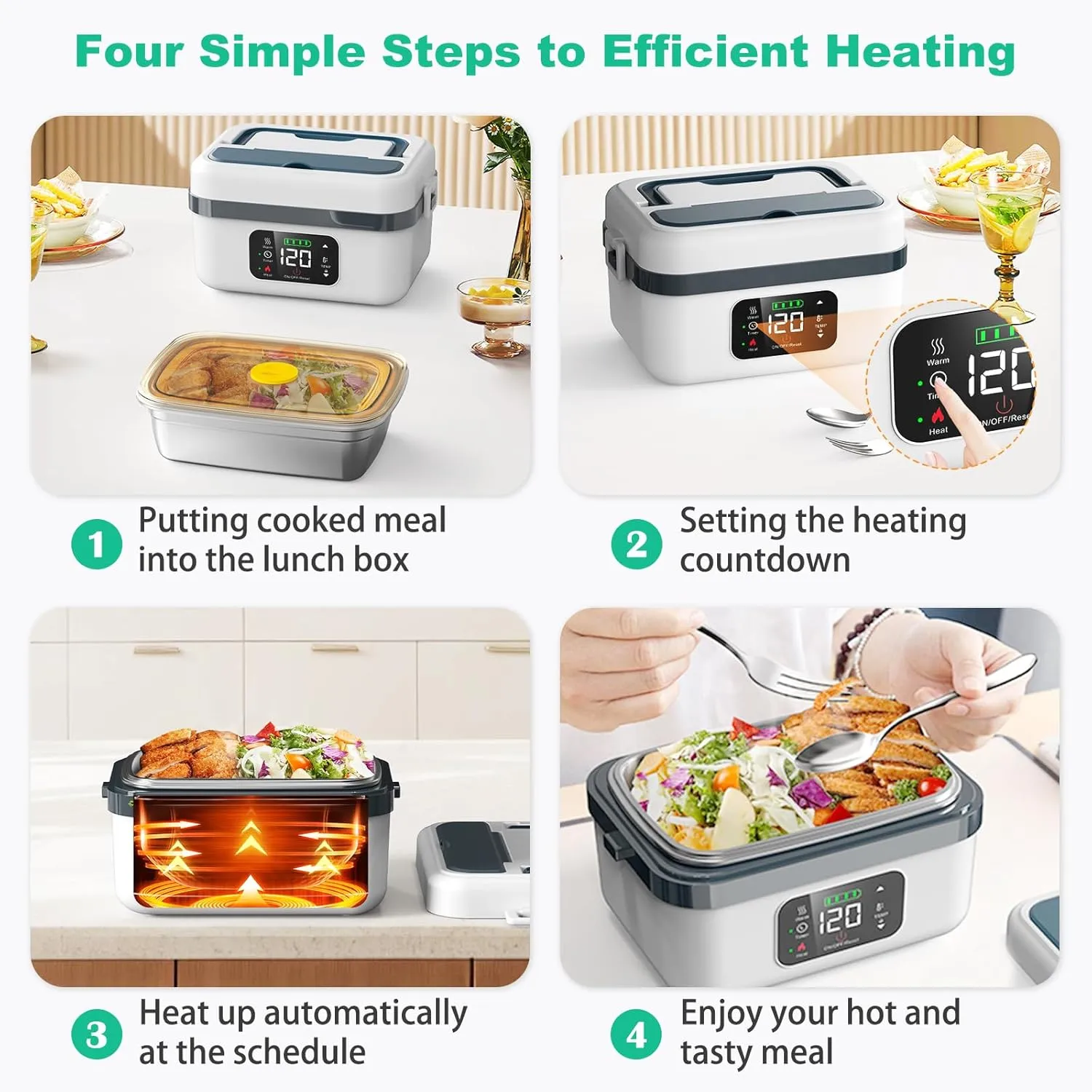 Electric Heated Lunch Box for Adults, EDCERATY Rechargeable 60W Self-Heating Food Warmer with 1L Stainless Steel Container, Fork, Spoon and Insulated Carry Bag for Work Men Car Truck(Grey White)