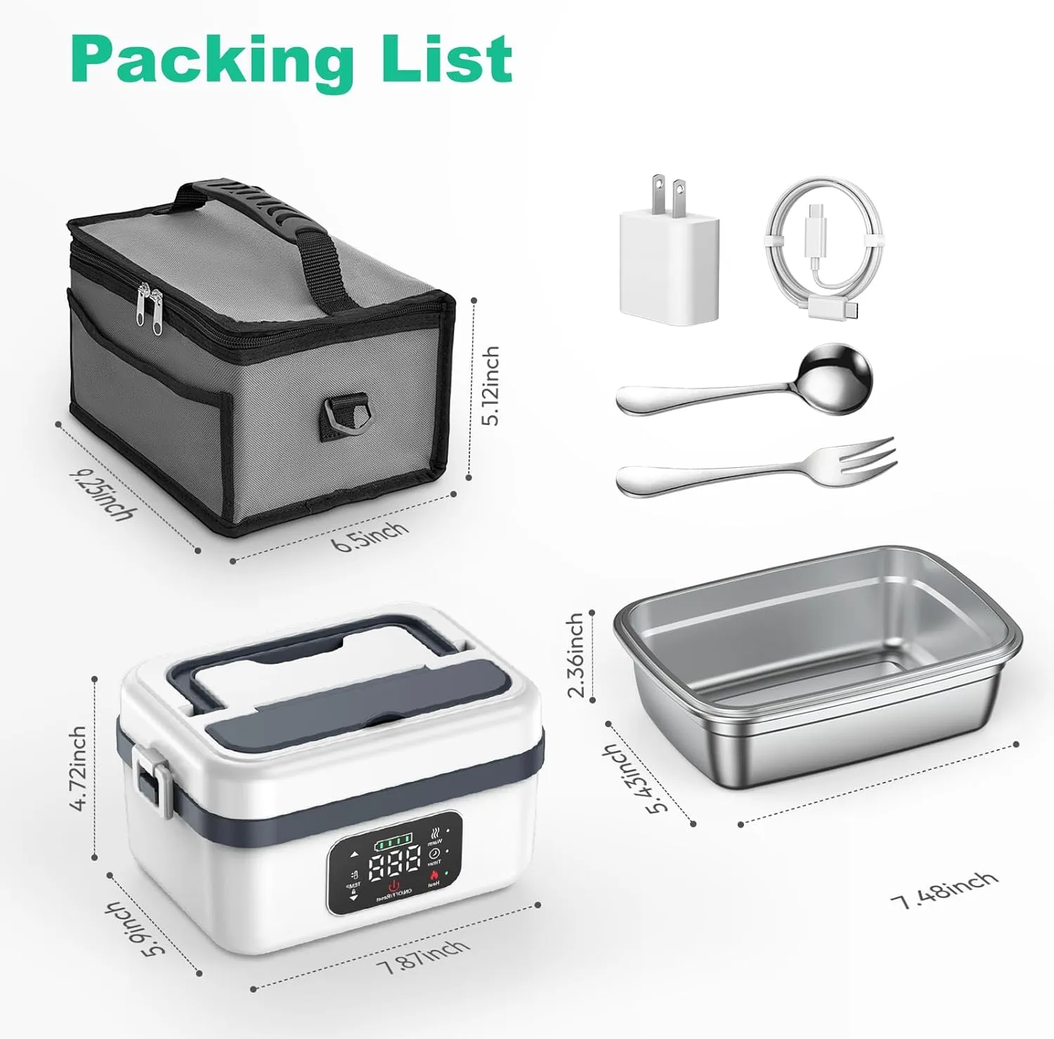 Electric Heated Lunch Box for Adults, EDCERATY Rechargeable 60W Self-Heating Food Warmer with 1L Stainless Steel Container, Fork, Spoon and Insulated Carry Bag for Work Men Car Truck(Grey White)