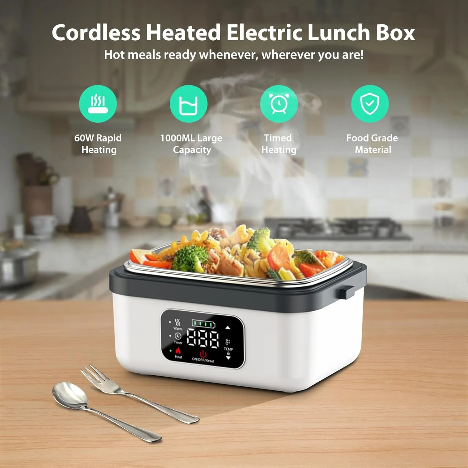 Electric Heated Lunch Box for Adults, EDCERATY Rechargeable 60W Self-Heating Food Warmer with 1L Stainless Steel Container, Fork, Spoon and Insulated Carry Bag for Work Men Car Truck(Grey White)
