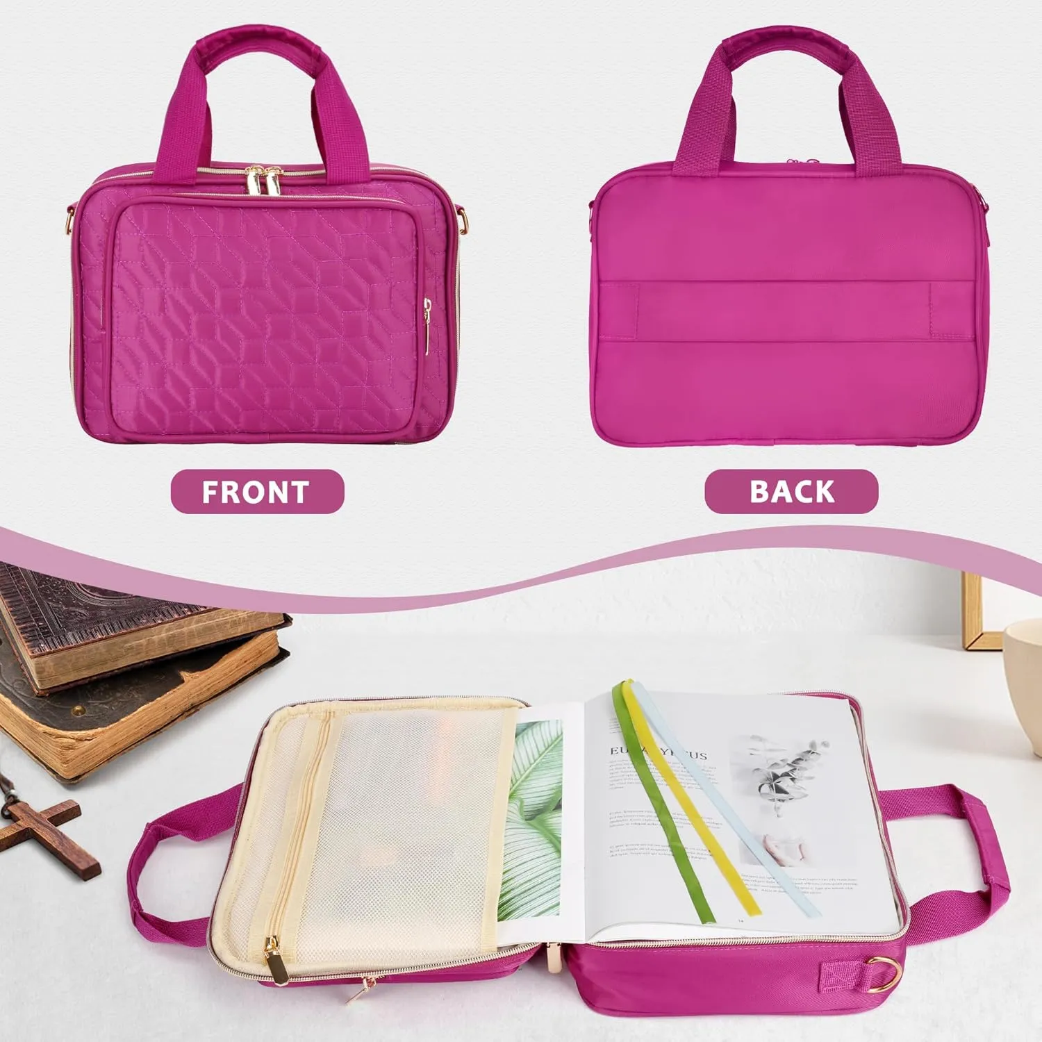 Elegant Bible Cover for Women and Men, Protective Book Case Church Bag with Handle and Zippered Pocket, Perfect for Daily Devotion and Study（Purple）