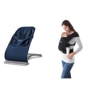 Ergobaby Evolve 3-in-1 Bouncer, Adjustable Multi Position Baby Bouncer Seat, Fits Newborn to Toddler, Midnight Blue & Embrace Cozy Newborn Baby Wrap Carrier (7-25 Pounds), Ponte Knit, Pure Black