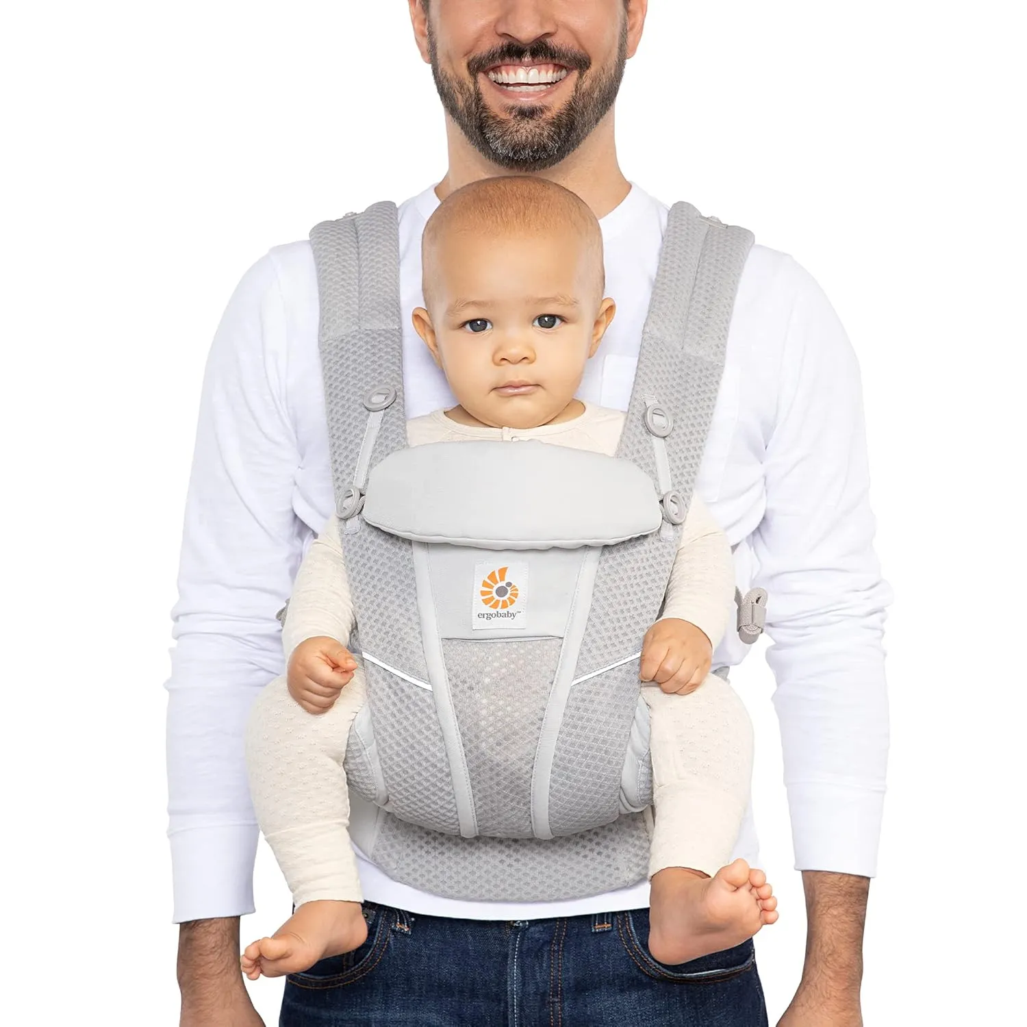 Ergobaby Evolve 3-in-1 Bouncer & All Carry Positions Breathable Mesh Baby Carrier with Enhanced Lumbar Support & Airflow (7-45 Lb), Omni Breeze, Pearl Grey