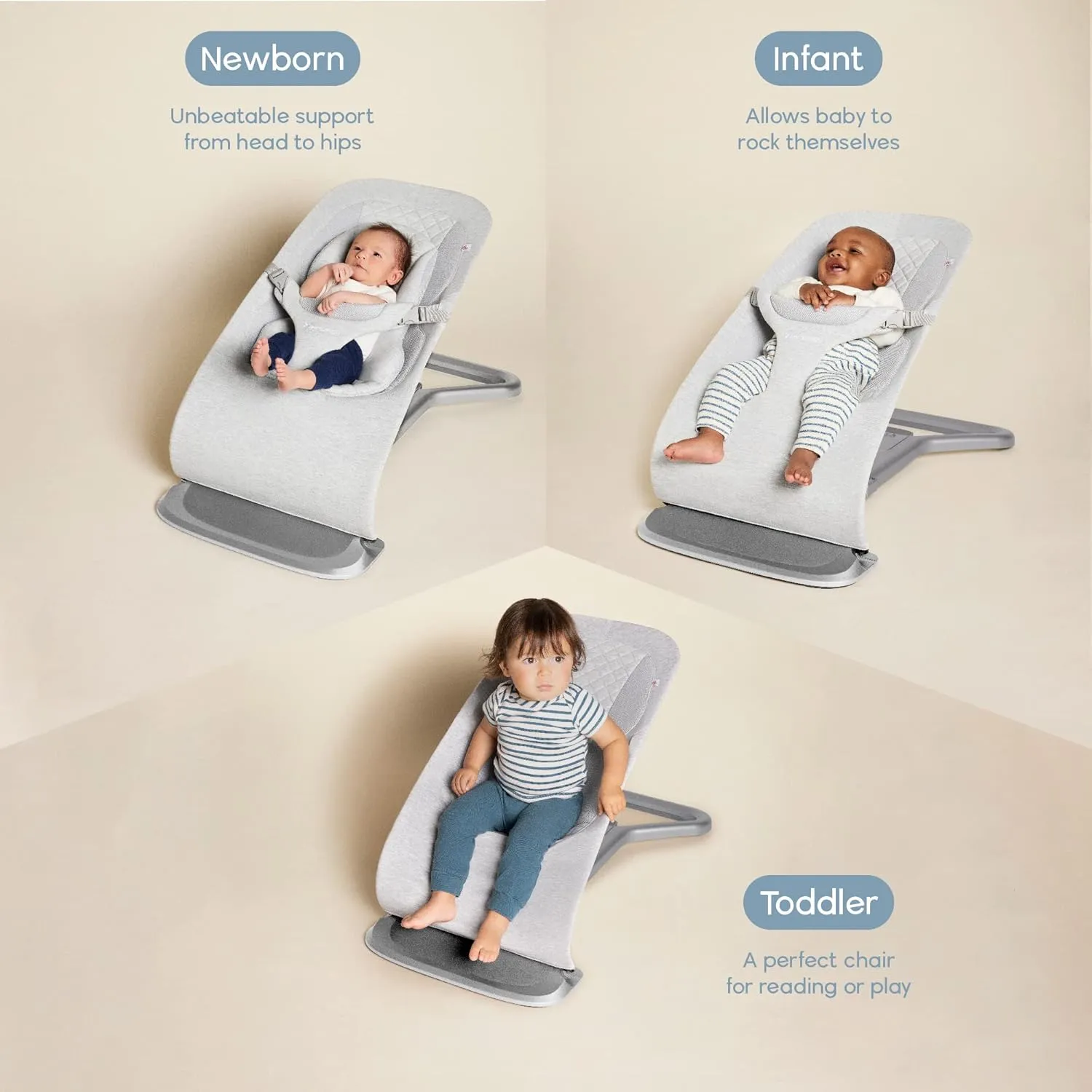 Ergobaby Evolve 3-in-1 Bouncer & All Carry Positions Breathable Mesh Baby Carrier with Enhanced Lumbar Support & Airflow (7-45 Lb), Omni Breeze, Pearl Grey